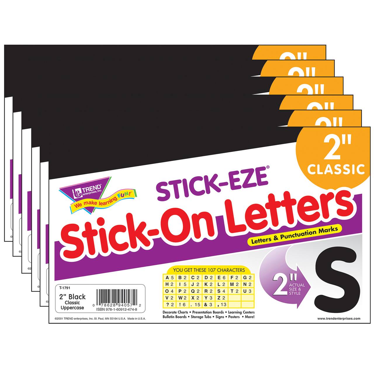 TREND Enterprises® Black 2" STICK-EZE® Stick-On Letters, 107 Pieces Per Pack, 6 Packs total of 642